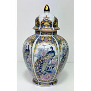Vtg Peacock Ginger Jar Floral Peony Rose Blue Pink Golf 6.5"H Japan Small Mini